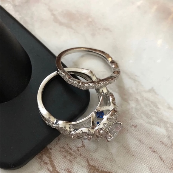 3 Pcs 925 Silver Engagement Ring Wedding Band SET - Picture 7 of 8